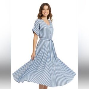 CHAPS  Women Sz L Striped Blue and White Button-Down Dress Linen Cotton blend